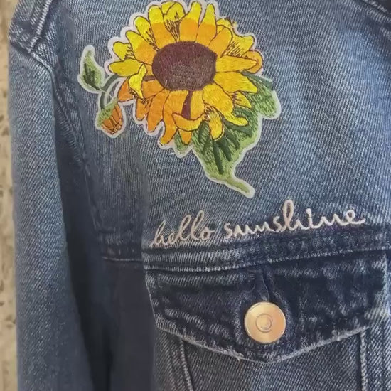 Upcycled Denim Jacket, Sunshine Patchwork, Boho Festival Jean Jacket, XXL