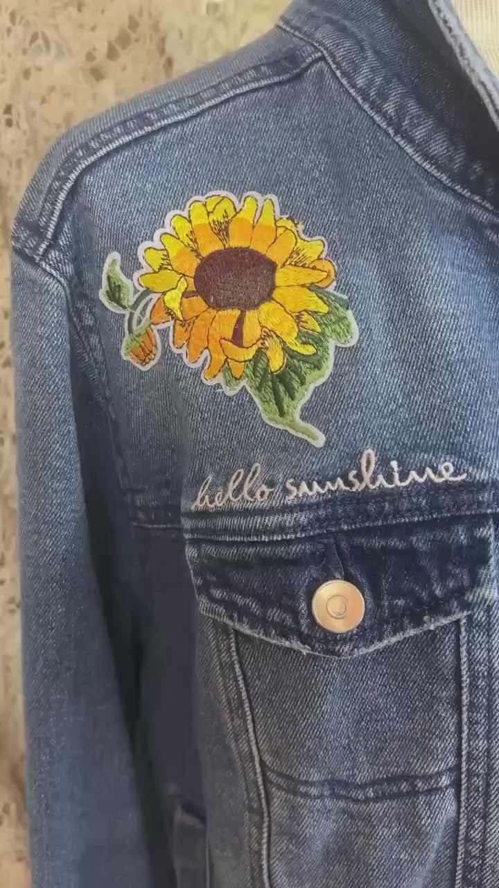 Upcycled Denim Jacket, Sunshine Patchwork, Boho Festival Jean Jacket, XXL