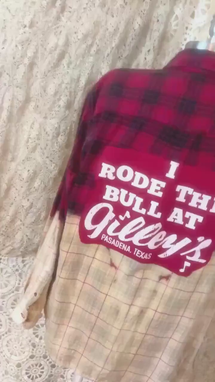 Bleached Flannel Shirt Gilley's Pasadena Texas Retro Graphic Upcycled Boho Large
