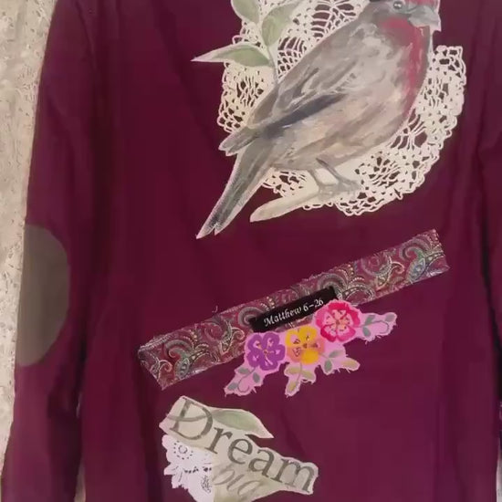 Upcycled Corduroy Blazer, Watercolor Bird Art, Boho Faith Worn Original Jacket, Size L