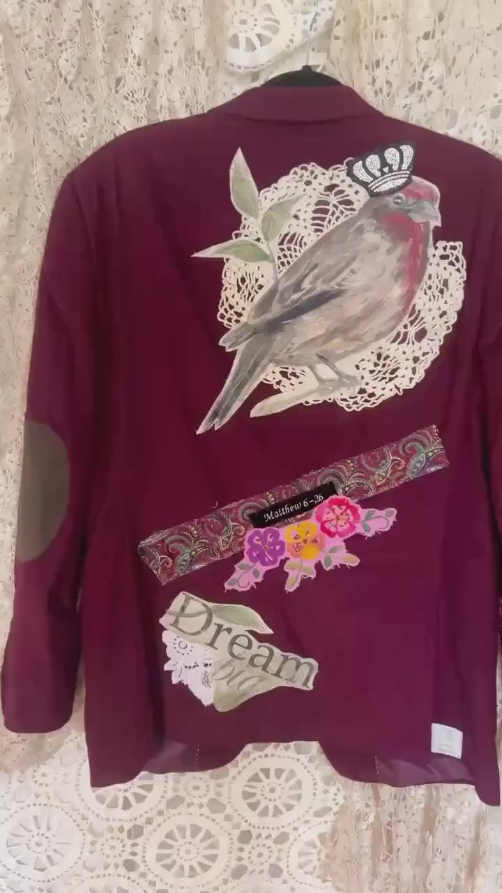 Upcycled Corduroy Blazer, Watercolor Bird Art, Boho Faith Worn Original Jacket, Size L