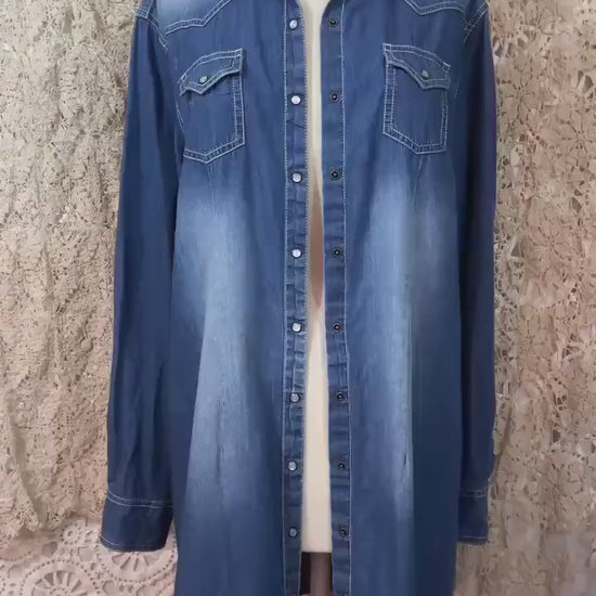Upcycled Denim Duster Dress, Western Fringe Pearl Snap, Boho Cowgirl Jacket (Large)
