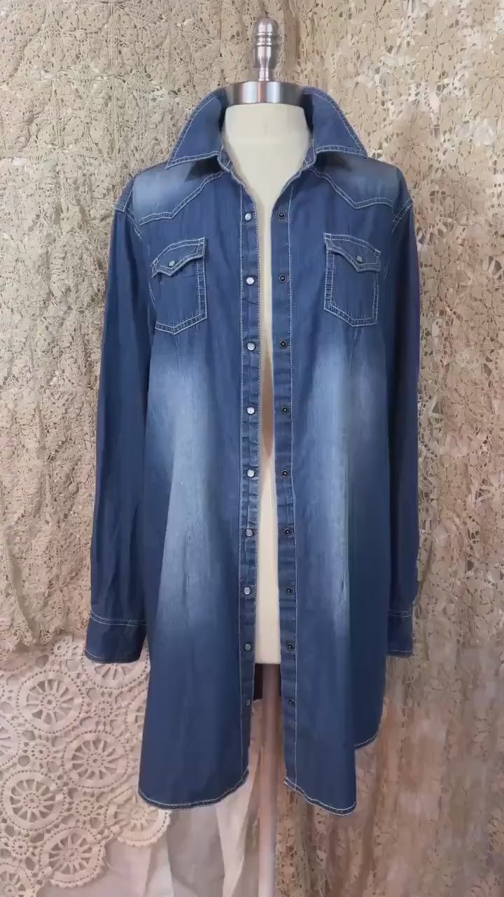 Upcycled Denim Duster Dress, Western Fringe Pearl Snap, Boho Cowgirl Jacket (Large)