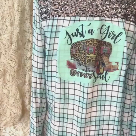 Upcycled Mint Plaid Flannel Shirt – Sequin Shoulder Graphic Top (Size S)