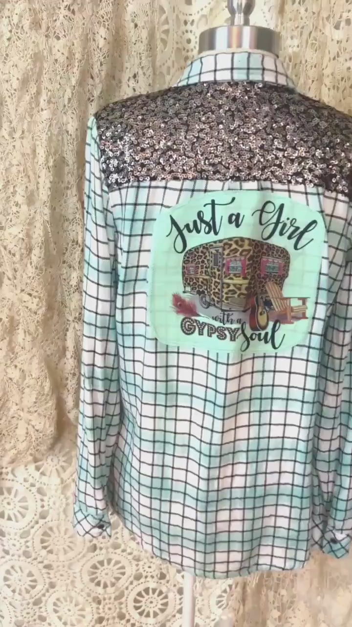 Upcycled Mint Plaid Flannel Shirt – Sequin Shoulder Graphic Top (Size S)