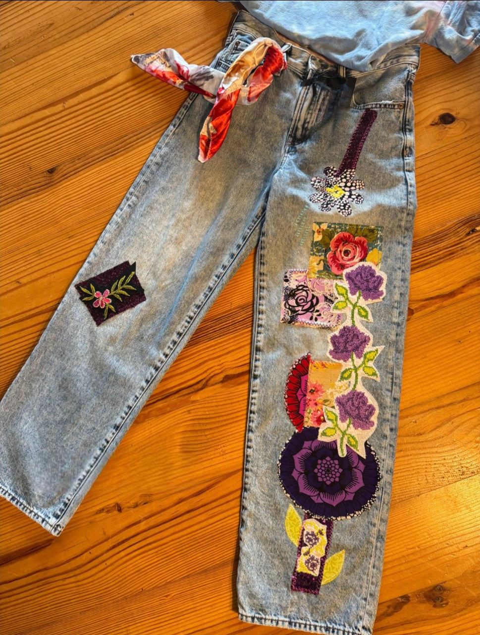 Upcycled Jeans with Purple Floral Patchwork & Silk Scarf Belt - OOAK Women's Small