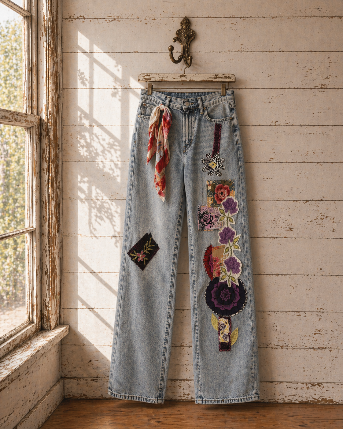 Upcycled Jeans with Purple Floral Patchwork & Silk Scarf Belt - OOAK Women's Small