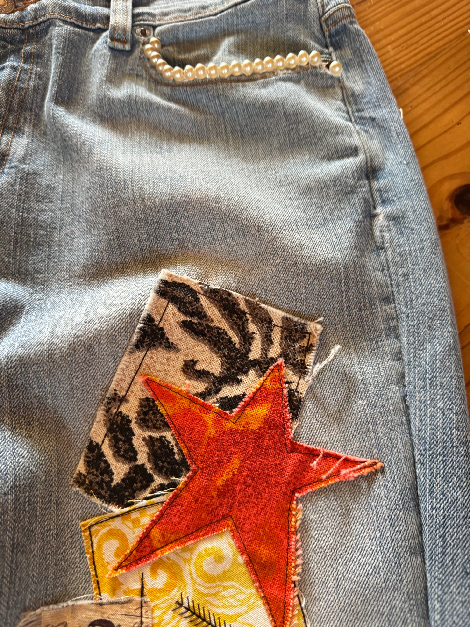 close up of patched jeans
